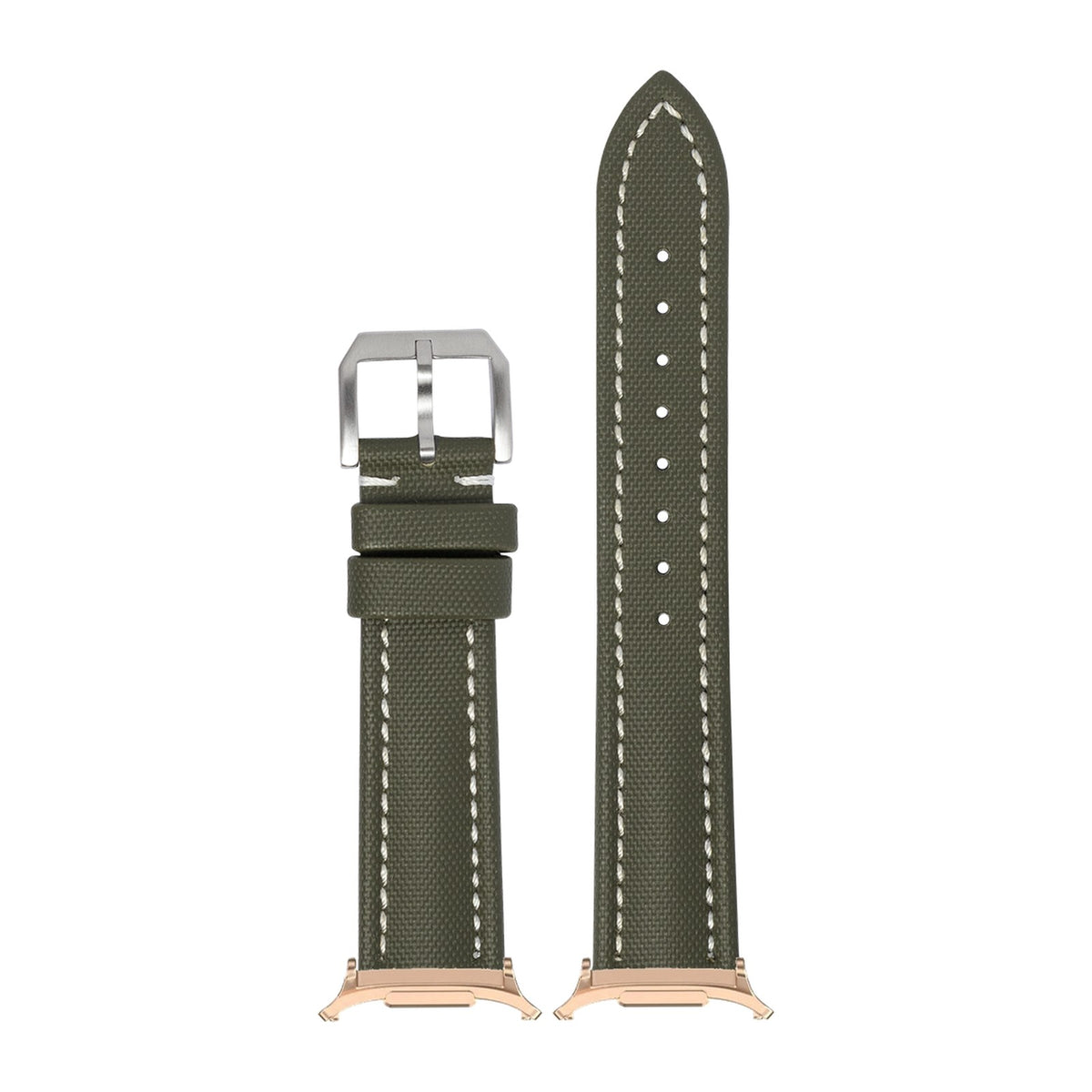 King Sailcloth - Army Green - Medium/Large for the Galaxy Watch 8, 9 and Ultra with Rose Gold adapter fitted