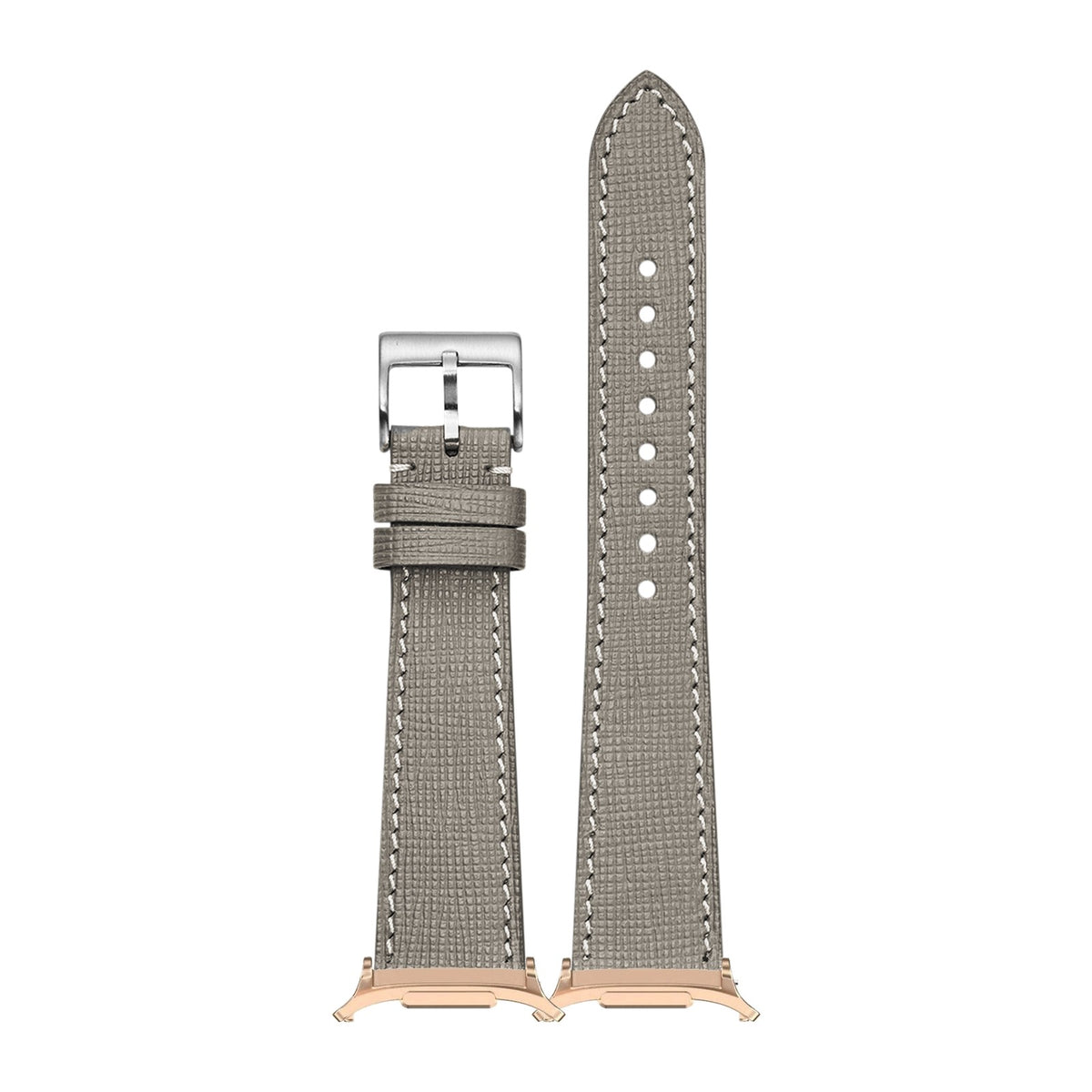 Chevre Saffiano Leather - Taupe Grey with White Stitching for the Galaxy Watch 8, 9 and Ultra with Rose Gold adapter fitted