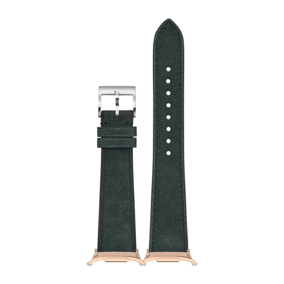 Alcantara Leather - Forest Green for the Galaxy Watch 8, 9 and Ultra with Rose Gold adapter fitted