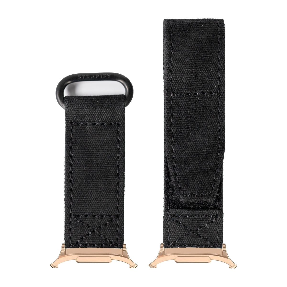 Military Velcro - Stealth Black for the Galaxy Watch 8, 9 and Ultra with Rose Gold adapter fitted