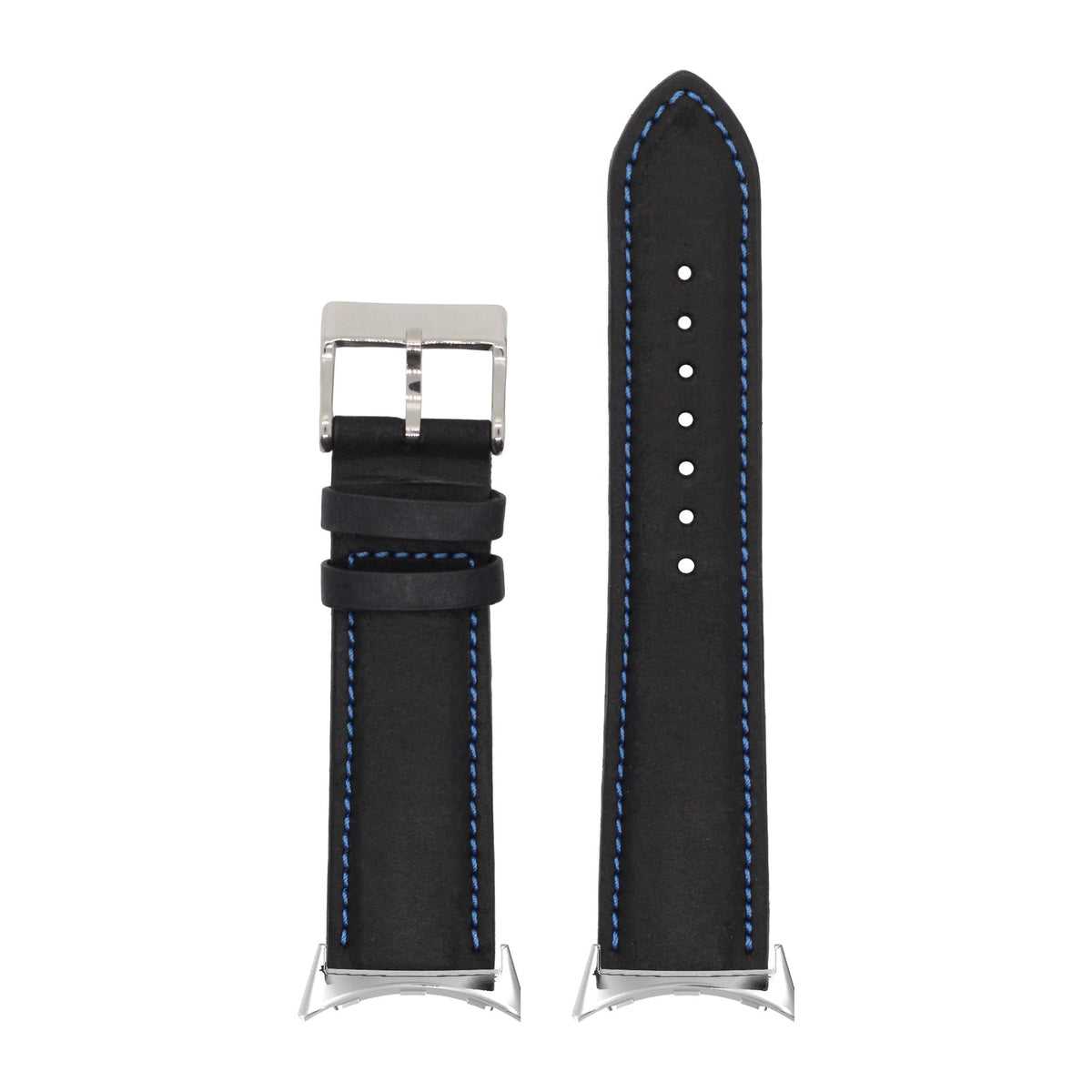 Padded Leather - Black | Blue Stitching Silver with Google Pixel Spring Bar Adapters - Wear Any 20mm Strap! for Pixel Watch 3-5 45mm