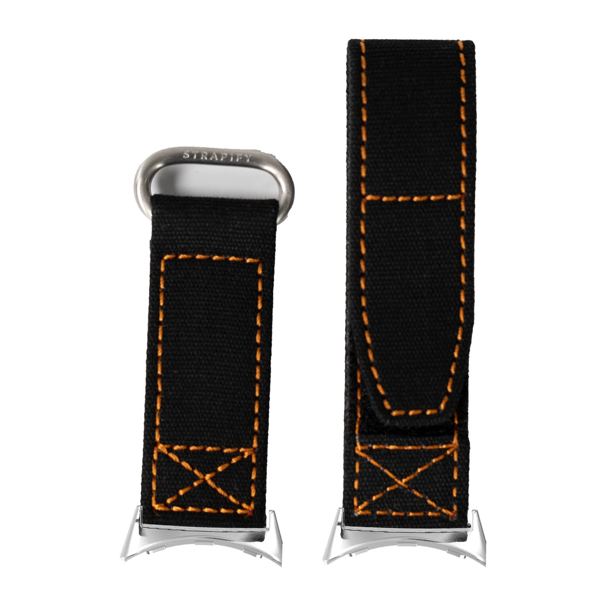 Military Velcro - Black/Orange Silver with Google Pixel Spring Bar Adapters - Wear Any 20mm Strap! for Pixel Watch 3-5 45mm