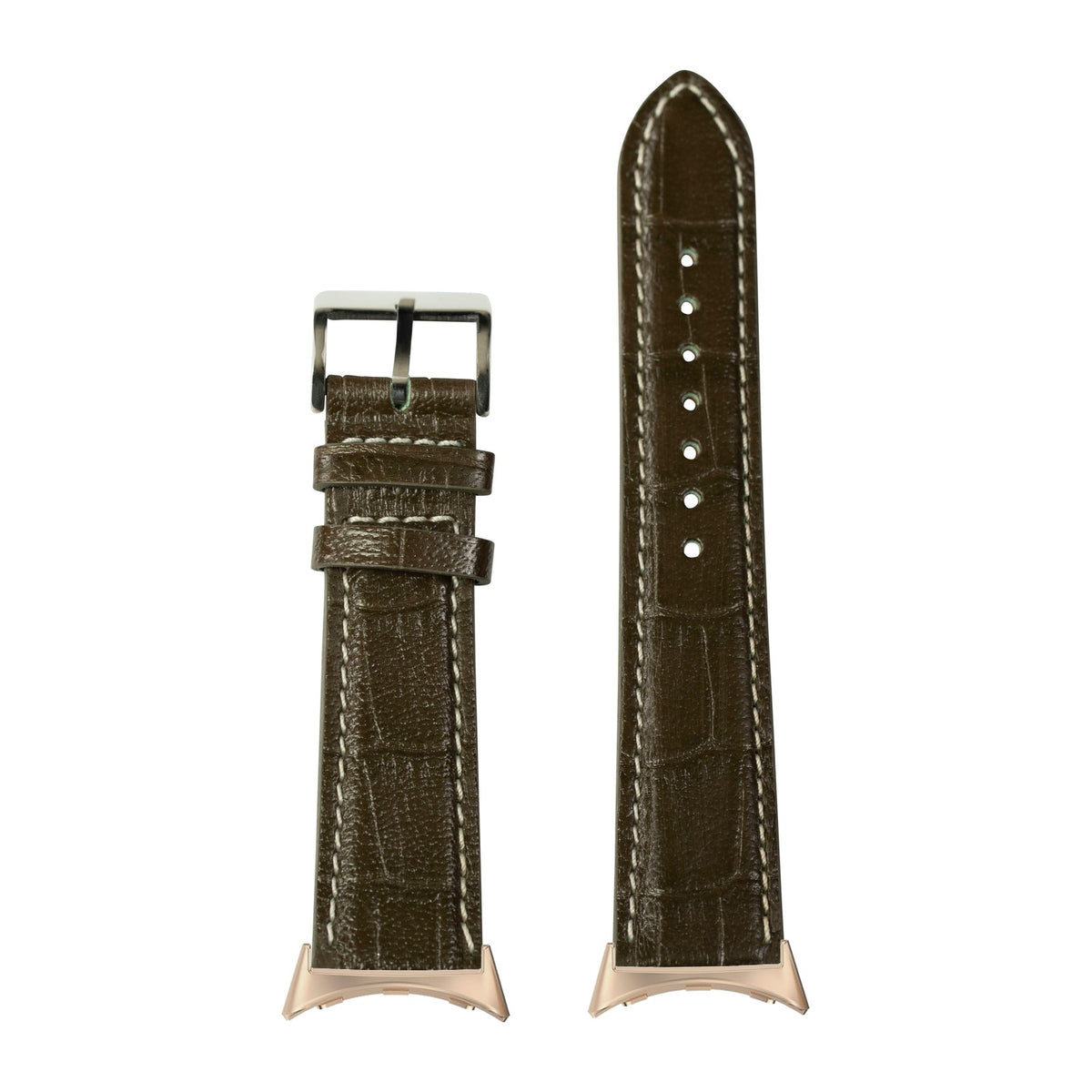 Alligator Leather - Olive Green | Contrast Stitching Rose Gold with Google Pixel Spring Bar Adapters - Wear Any 20mm Strap! for Pixel Watch 1-5 41mm