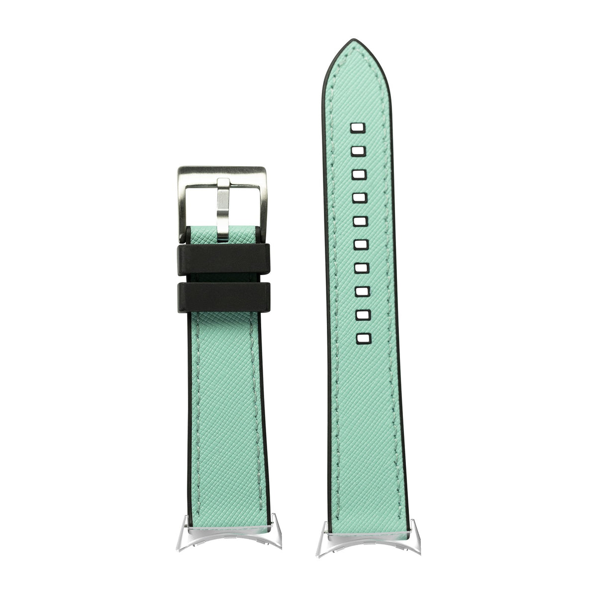 Saffiano Leather & FKM Rubber Hybrid Tiffany Blue Silver with Google Pixel Spring Bar Adapters - Wear Any 20mm Strap! for Pixel Watch 1-5 41mm