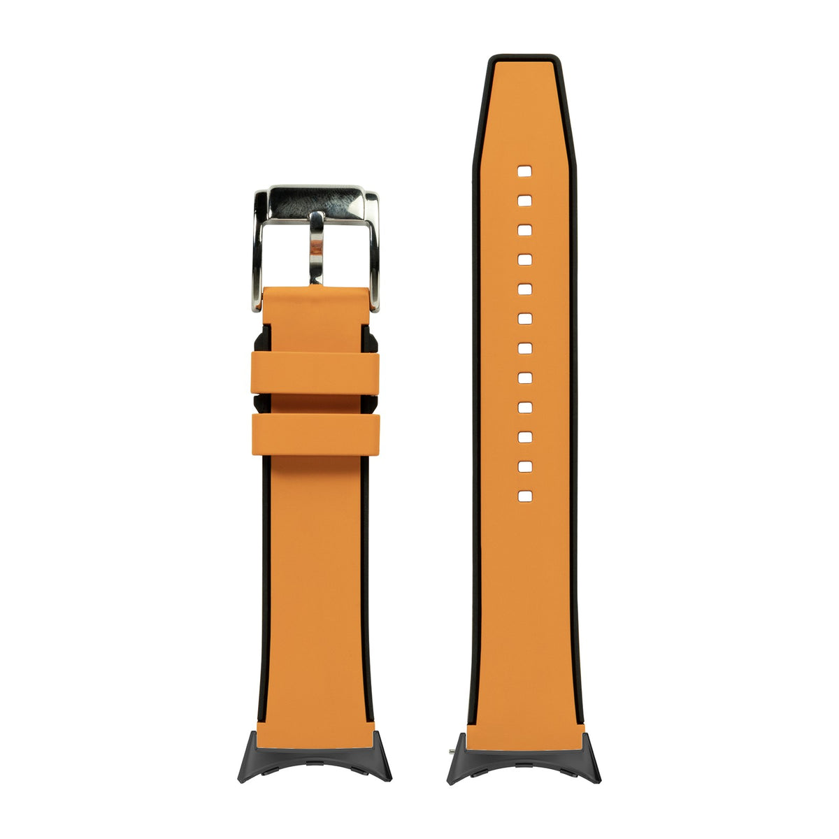 FKM Rubber - Two Tone Orange Black with Google Pixel Spring Bar Adapters - Wear Any 20mm Strap! for Pixel Watch 3-5 45mm