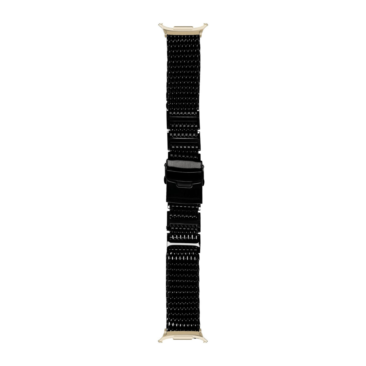 [Galaxy Watch 8-9/Ultra] Shark Mesh Bracelet - Folding Deployant Clasp - Black with Champagne Gold adapters attached, flat lay