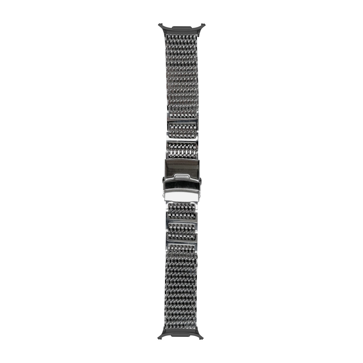 [Galaxy Watch 8-9/Ultra] Shark Mesh Bracelet - Folding Deployant Clasp - Silver with Black adapters attached, flat lay