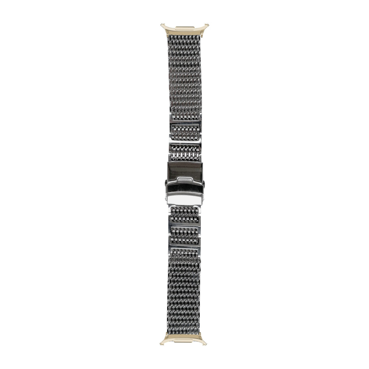 [Galaxy Watch 8-9/Ultra] Shark Mesh Bracelet - Folding Deployant Clasp - Silver with Champagne Gold adapters attached, flat lay
