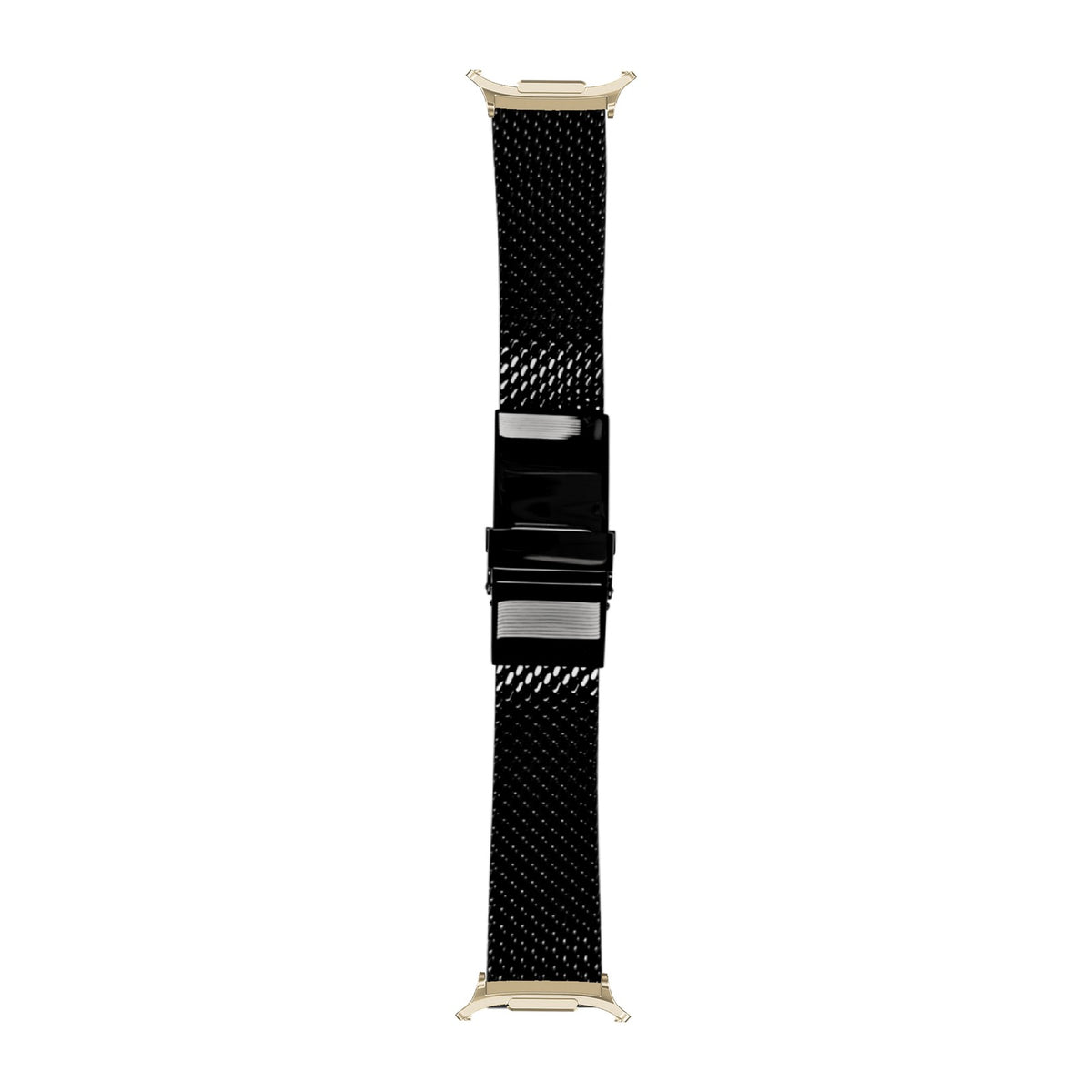 [Galaxy Watch 8-9/Ultra] Milanese strap 22mm 2785 - Black with Champagne Gold adapters attached, flat lay
