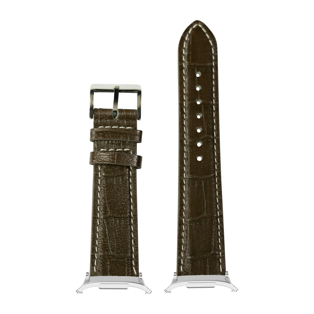 Alligator Leather - Olive Green | Contrast Stitching Silver with Strap Adapter for Galaxy Watch 8-9/Ultra
