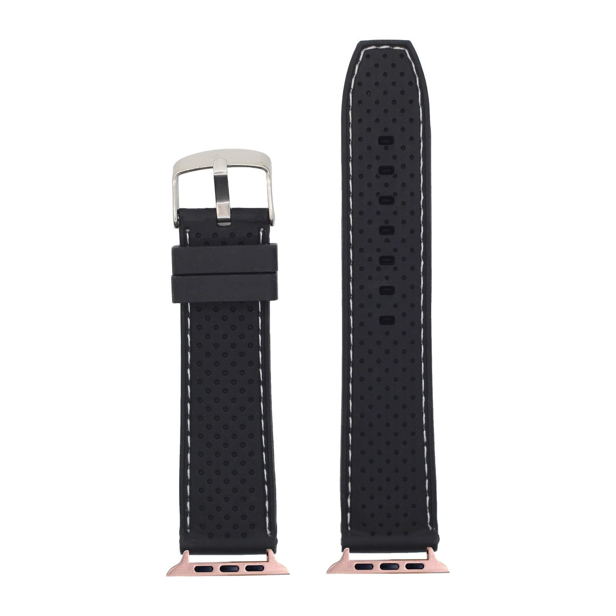 Perforated Flexi Silicone Black | White Stitching Rose Gold with Connecters - Spring Bar Type for Apple Watch