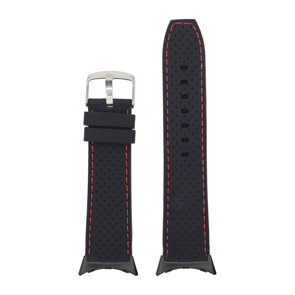 Perforated Flexi Silicone Black | Red Stitching Black with Google Pixel Spring Bar Adapters - Wear Any 20mm Strap! for Pixel Watch 1-5 41mm