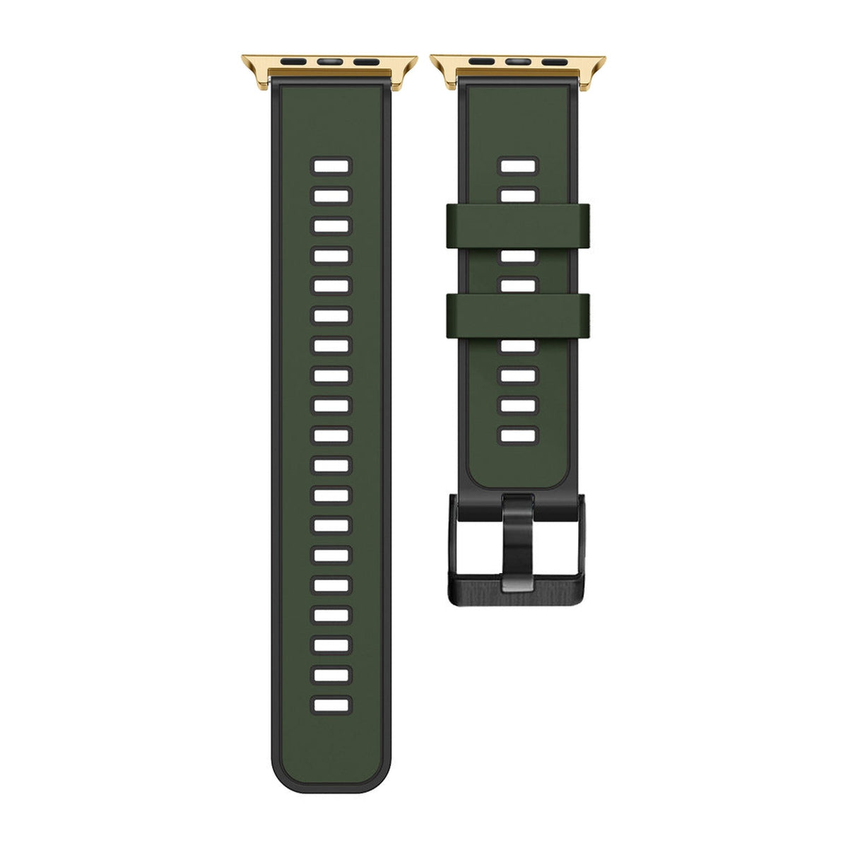 Two Tone Silicone Army Green / Black Gold with Black Hardware with Connecters - Spring Bar Type for Apple Watch