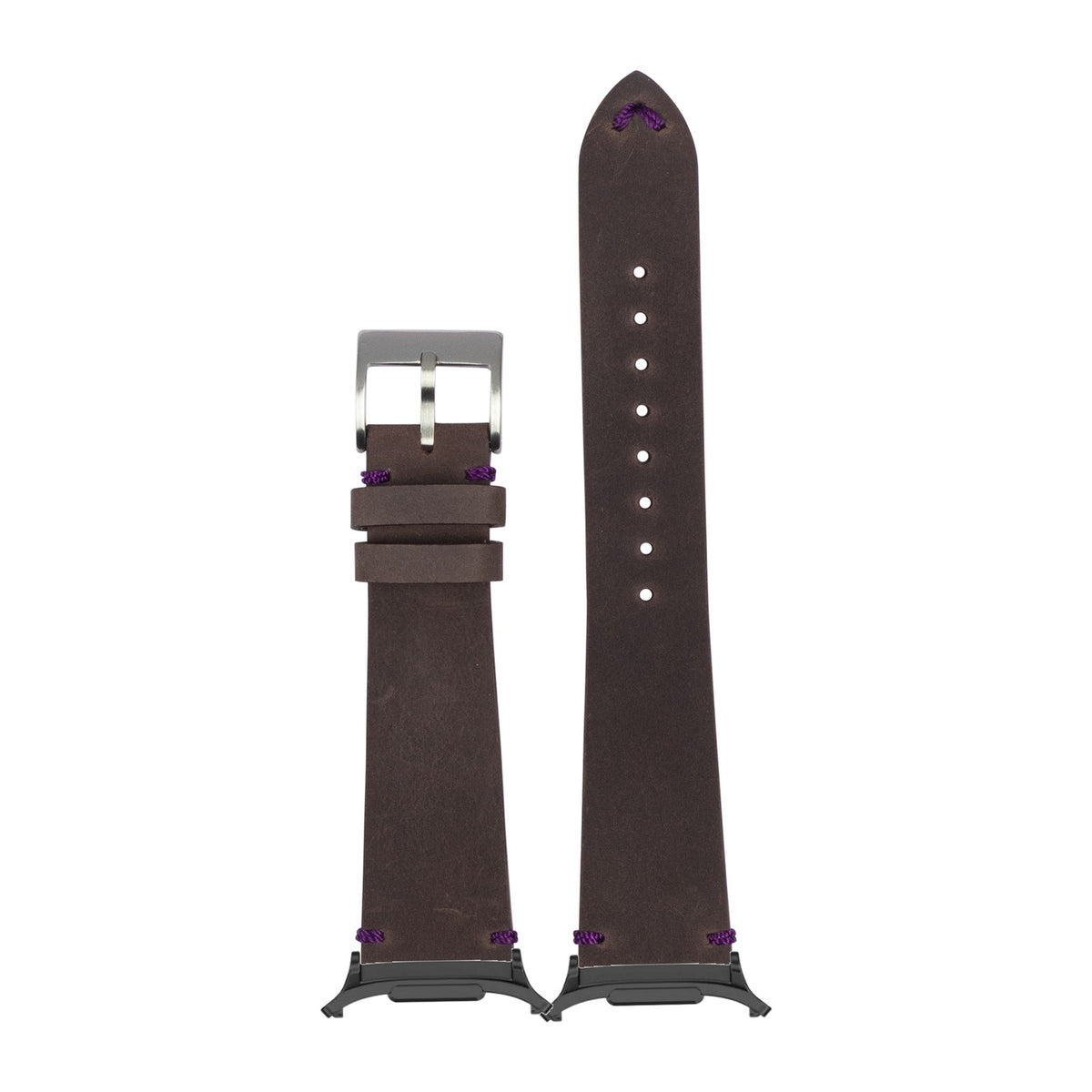 Vintage Crazy Horse Leather - Dark Brown with Violet Stitching for the Galaxy Watch 8, 9 and Ultra with adapter fitted