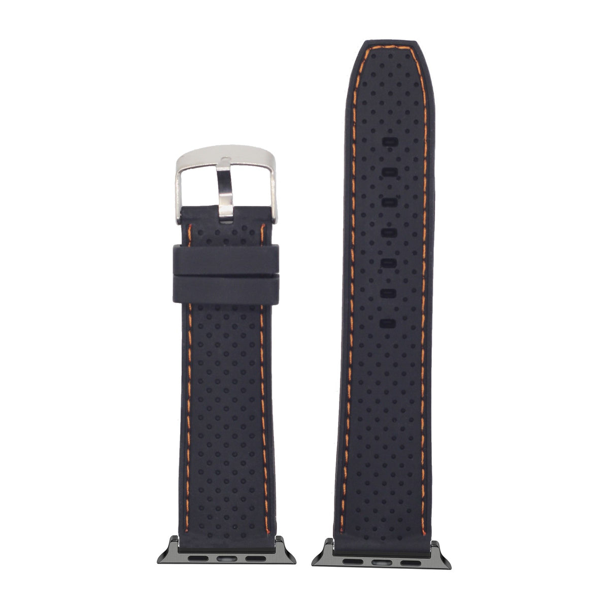 Perforated Flexi Silicone Black | Orange Stitching Black with Connecters - Spring Bar Type for Apple Watch