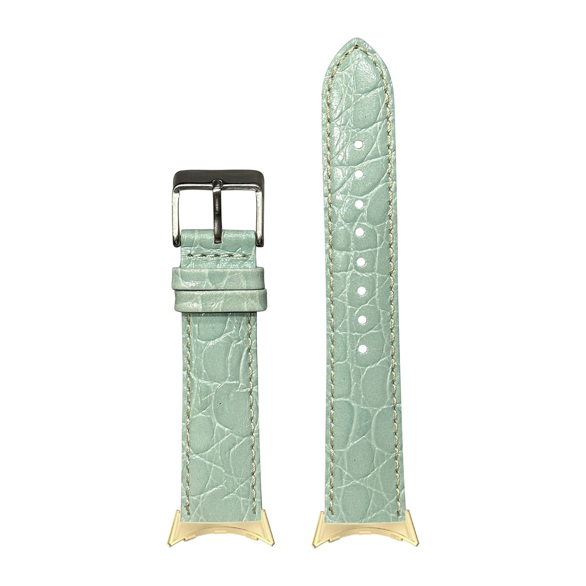 Alligator Leather - Light Tiffany Blue | White Stitching Gold with Google Pixel Spring Bar Adapters - Wear Any 20mm Strap! for Pixel Watch 3-5 45mm