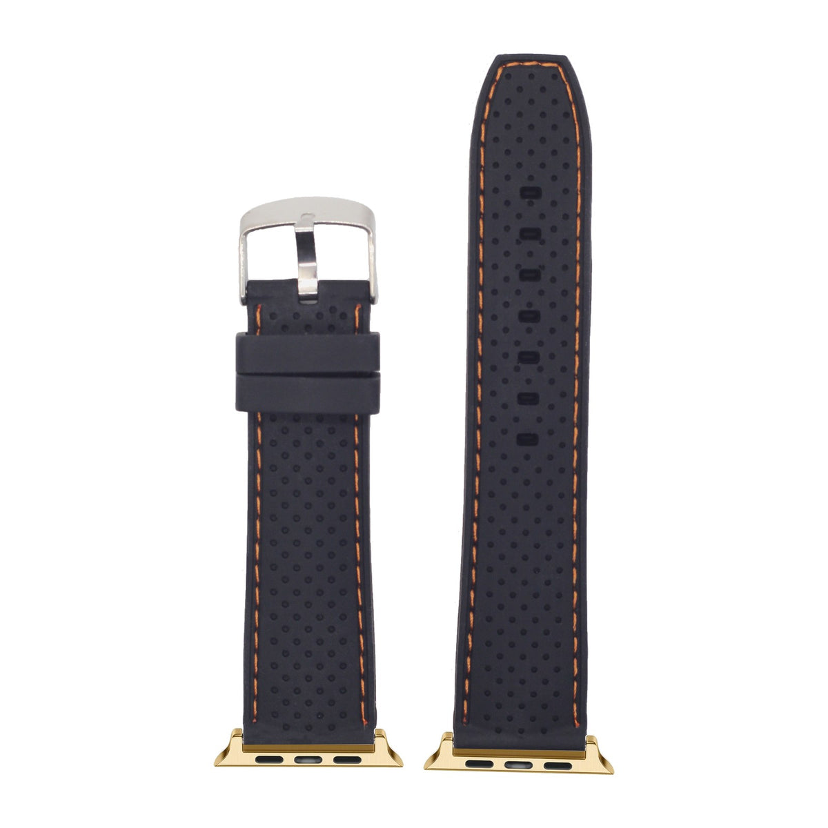 Perforated Flexi Silicone Black | Orange Stitching Gold with Connecters - Spring Bar Type for Apple Watch