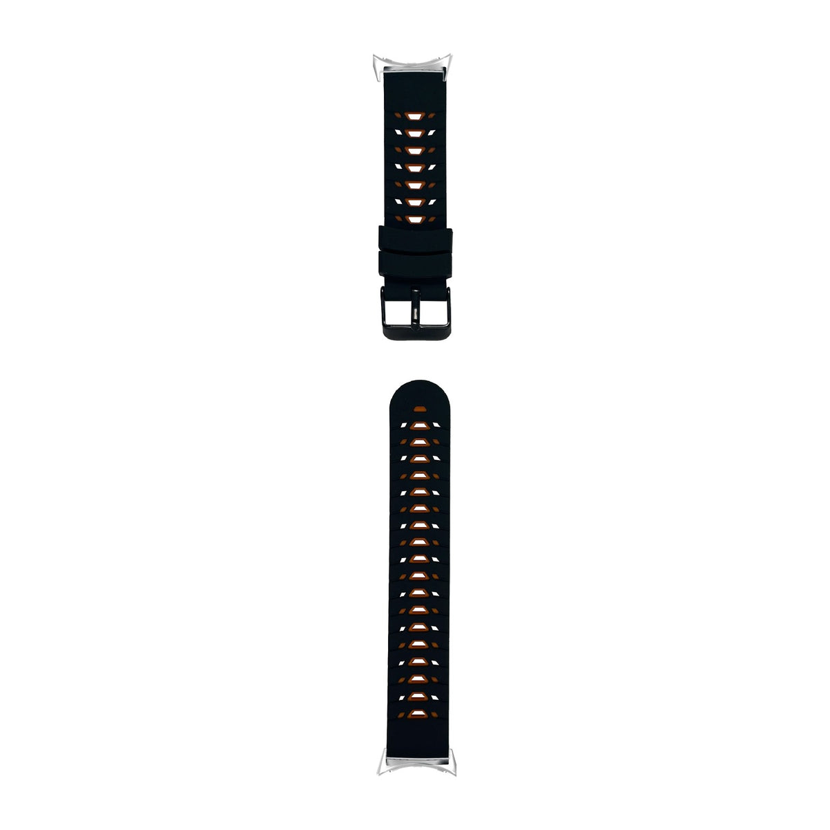 Flexi Silicone - Armour Black/Orange Silver with Google Pixel Spring Bar Adapters - Wear Any 20mm Strap! for Pixel Watch 1-5 41mm
