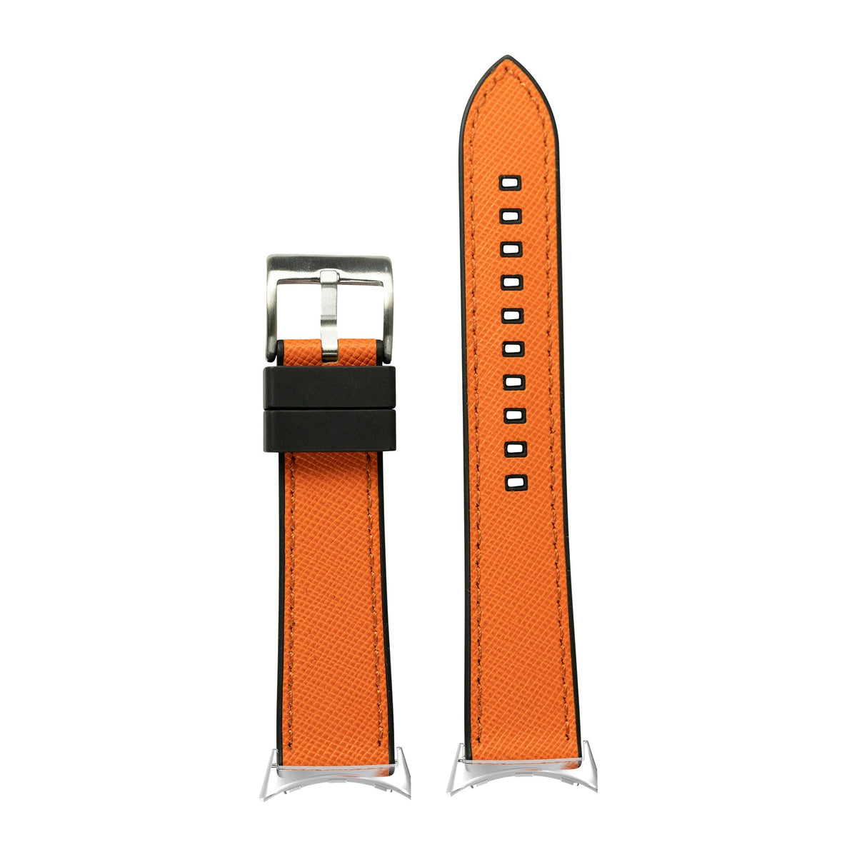 Saffiano Leather & FKM Rubber Hybrid Orange Silver with Google Pixel Spring Bar Adapters - Wear Any 20mm Strap! for Pixel Watch 1-5 41mm