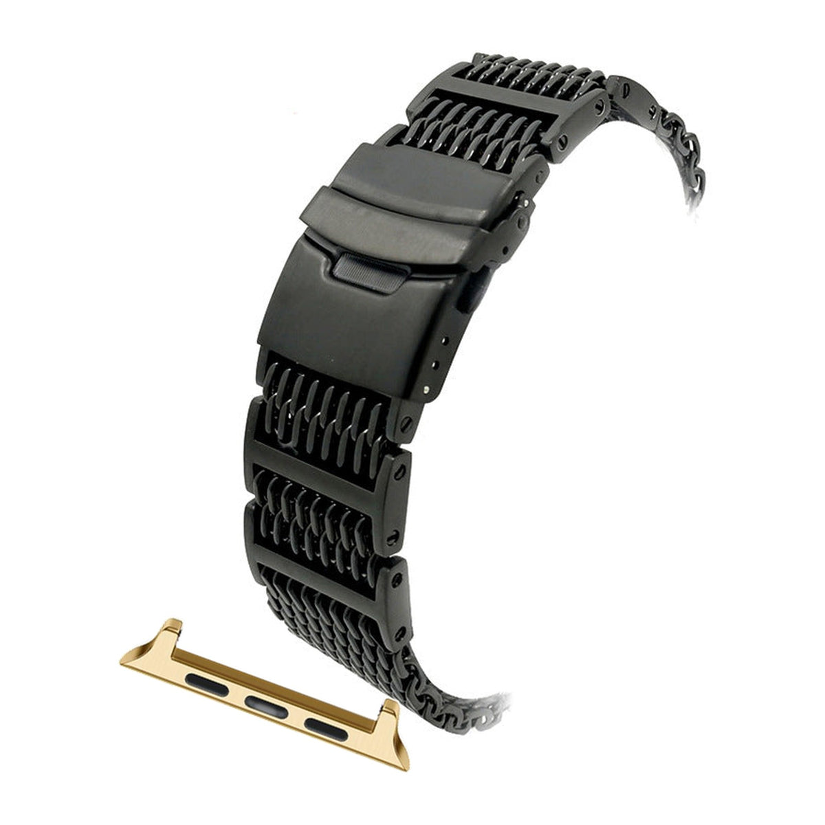 Shark Mesh Bracelet - Folding Deployant Clasp - Black Gold with Connecters - Spring Bar Type for Apple Watch