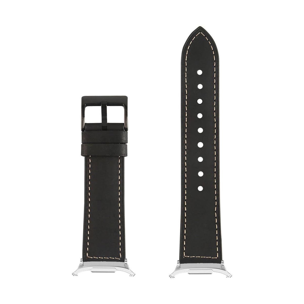 Leather Hybrid - Black | Brown Stitching Silver with Strap Adapter for Galaxy Watch 8-9/Ultra