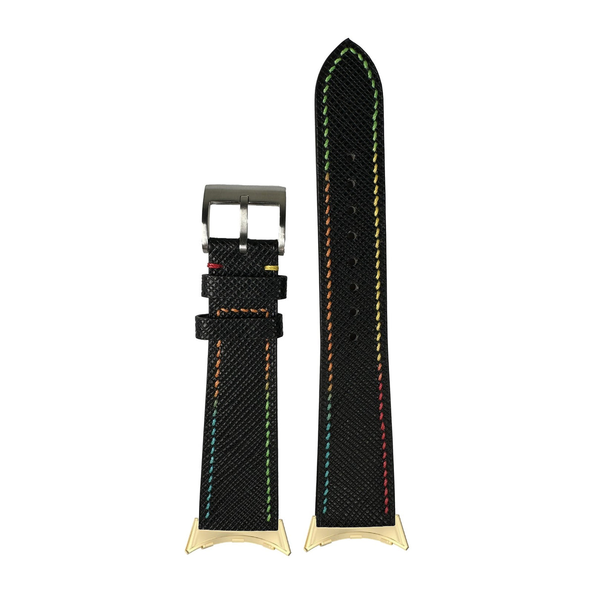 Chevre Saffiano - Black | Rainbow Stitching Gold with Google Pixel Spring Bar Adapters - Wear Any 20mm Strap! for Pixel Watch 3-5 45mm