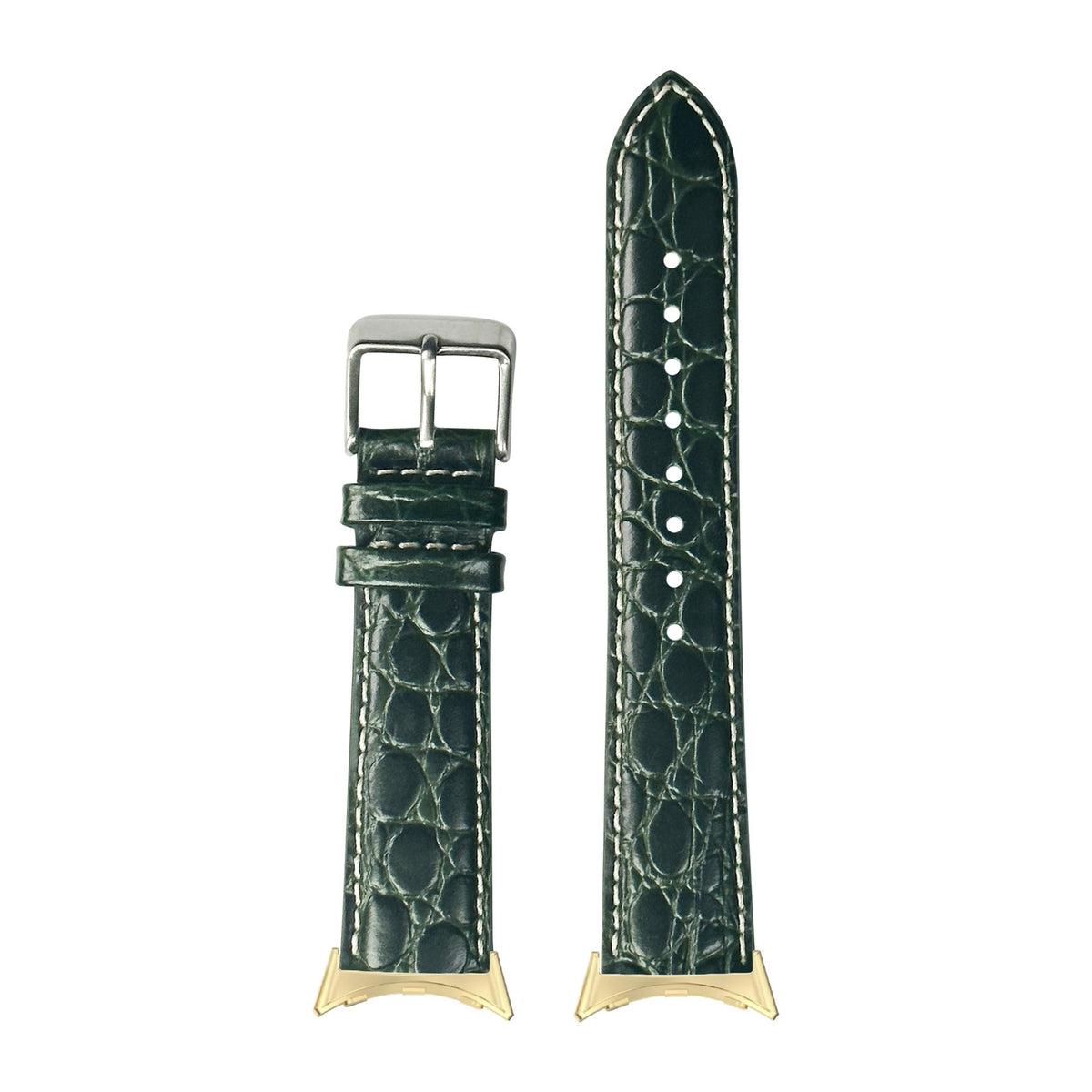 Alligator Leather - Dark Green | White Stitching Gold with Google Pixel Spring Bar Adapters - Wear Any 20mm Strap! for Pixel Watch 1-5 41mm