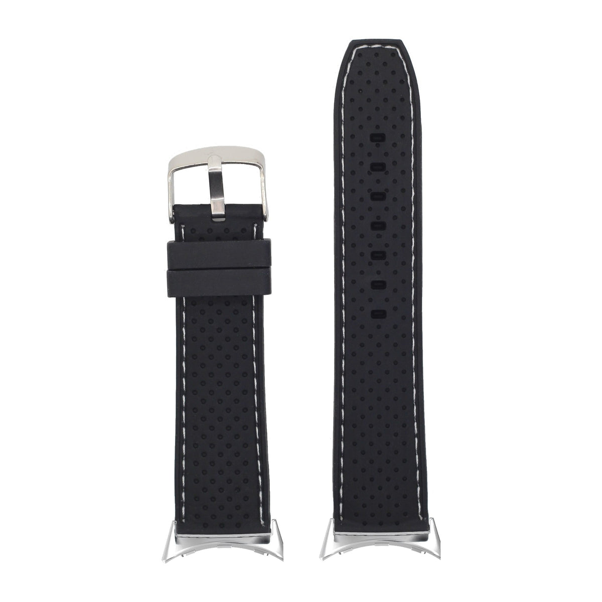 Perforated Flexi Silicone Black | White Stitching Silver with Google Pixel Spring Bar Adapters - Wear Any 20mm Strap! for Pixel Watch 3-5 45mm