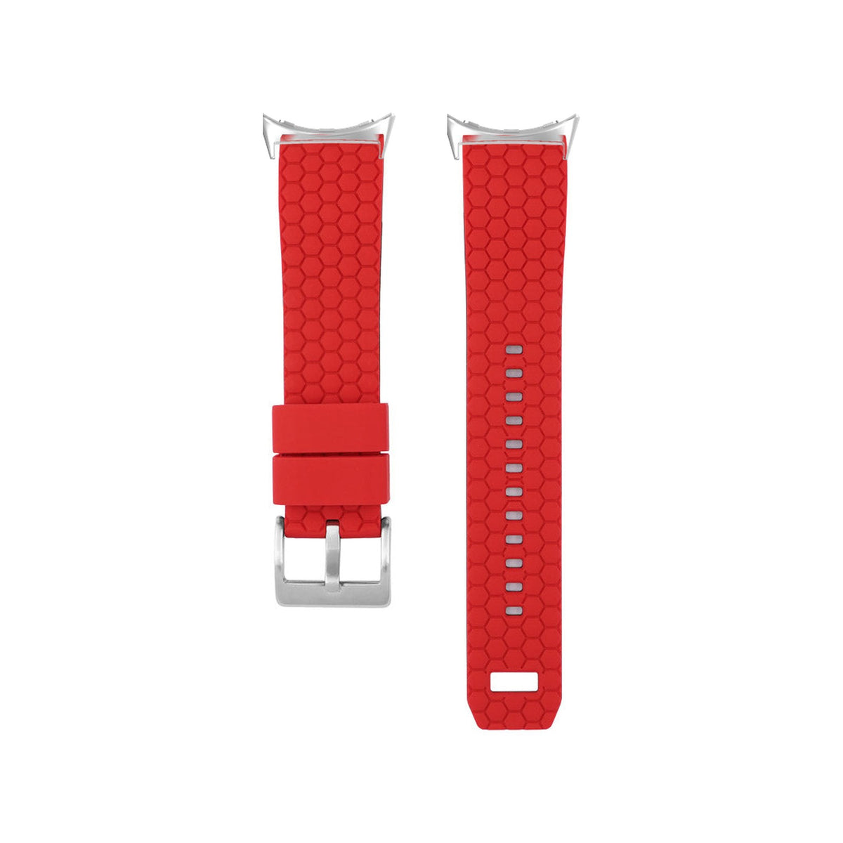 Hexagon Silicone Red Silver with Google Pixel Spring Bar Adapters - Wear Any 20mm Strap! for Pixel Watch 1-5 41mm
