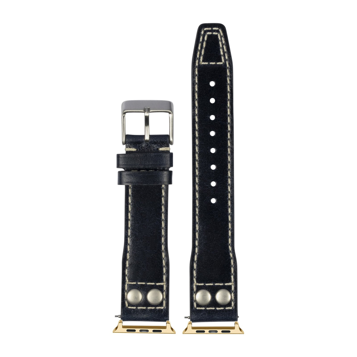 Pilot Leather Gold with Rivets - Black with Connecters - Spring Bar Type for Apple Watch