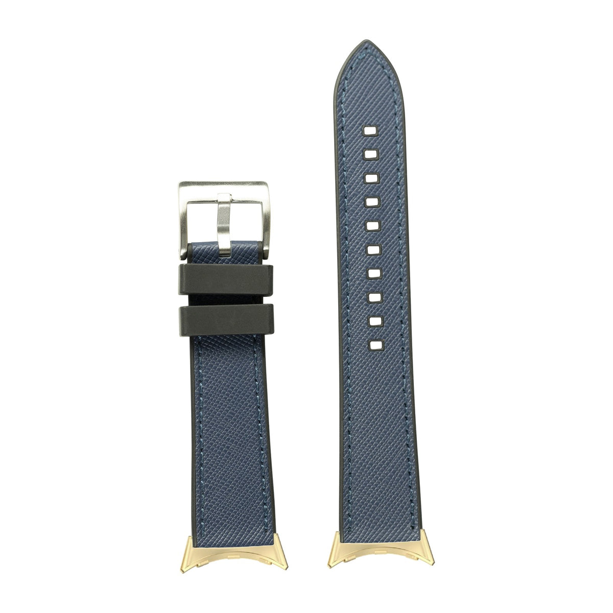 Saffiano Leather & FKM Rubber Hybrid Navy Blue Gold with Google Pixel Spring Bar Adapters - Wear Any 20mm Strap! for Pixel Watch 1-5 41mm