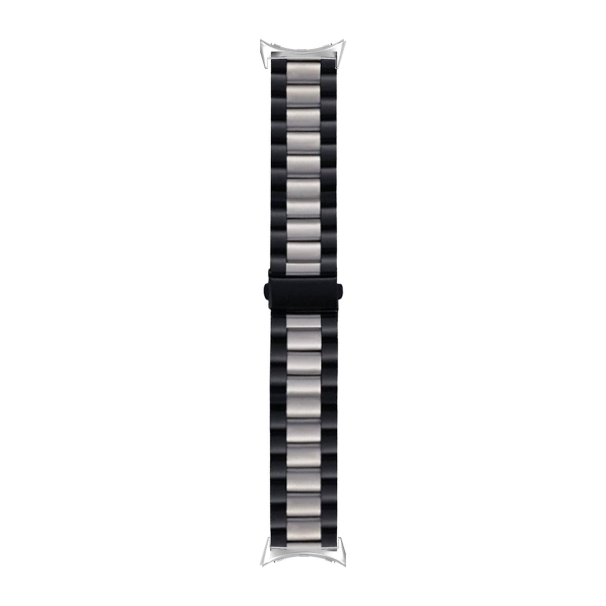 Steel Bracelet Silver with Deployant Clasp - Black/Silver with Google Pixel Spring Bar Adapters - Wear Any 20mm Strap! for Pixel Watch 3-5 45mm