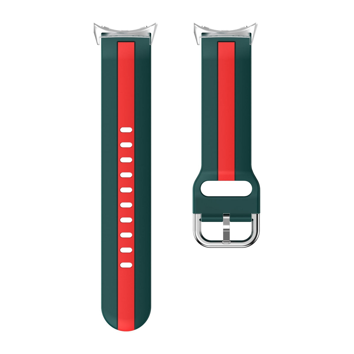 Striped Silicone Green / Red Silver with Google Pixel Spring Bar Adapters - Wear Any 20mm Strap! for Pixel Watch 1-5 41mm