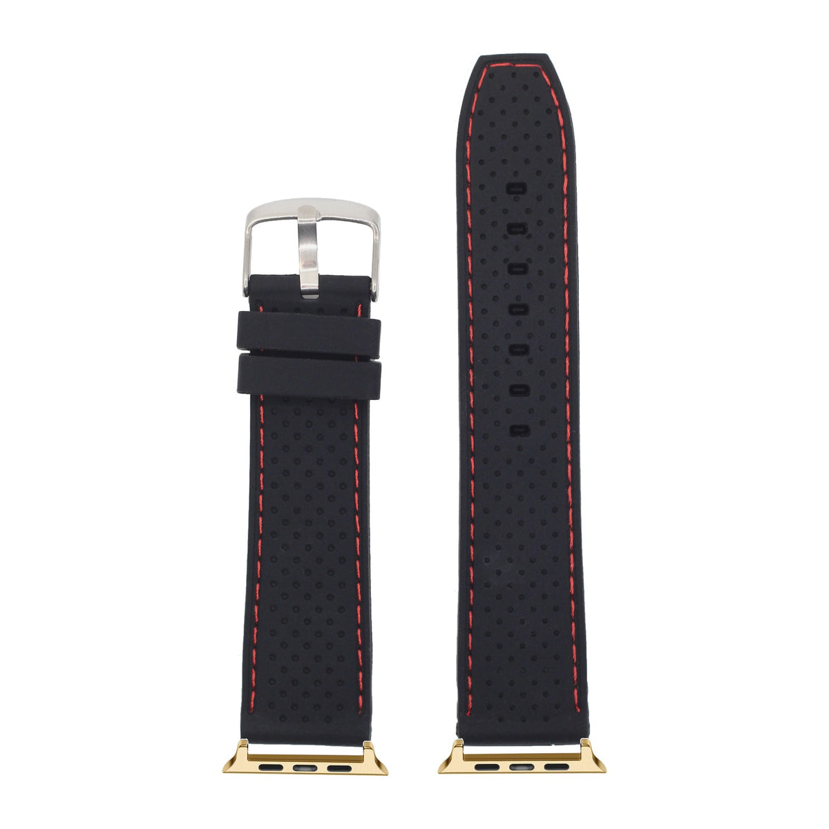 Perforated Flexi Silicone Black | Red Stitching Gold with Connecters - Spring Bar Type for Apple Watch