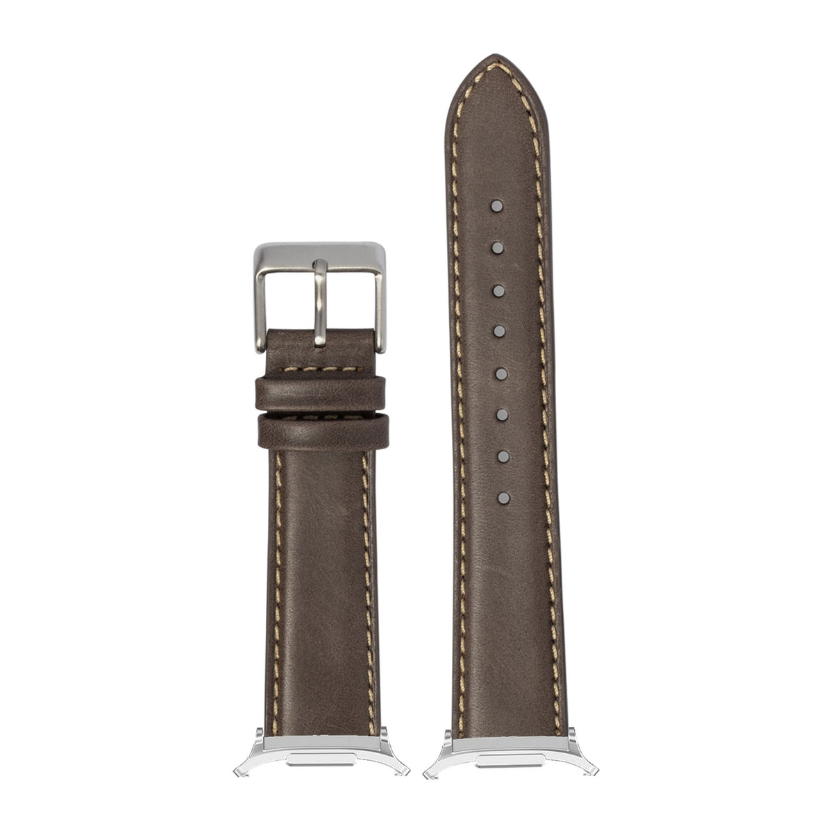 Padded Leather - Dark Brown | Beige Stitching Silver with Strap Adapter for Galaxy Watch 8-9/Ultra