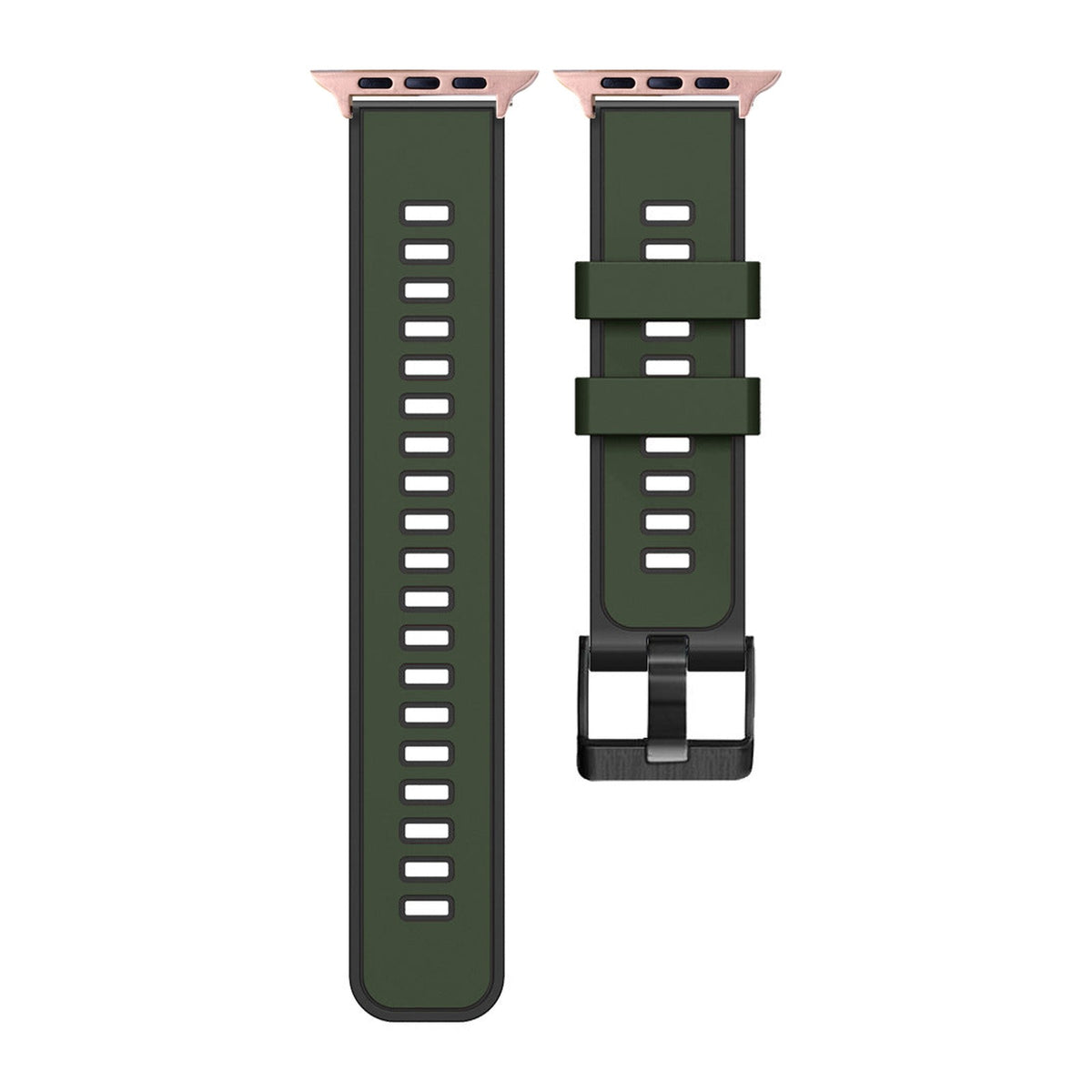 Two Tone Silicone Army Green / Black Rose Gold with Black Hardware with Connecters - Spring Bar Type for Apple Watch