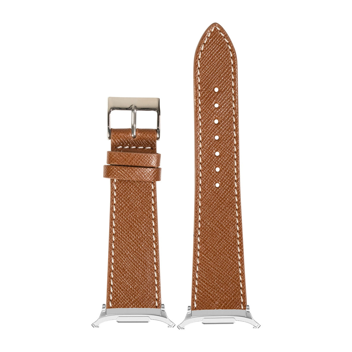 Saffiano Leather - Brown Silver with White Stitching with Strap Adapter for Galaxy Watch 8-9/Ultra