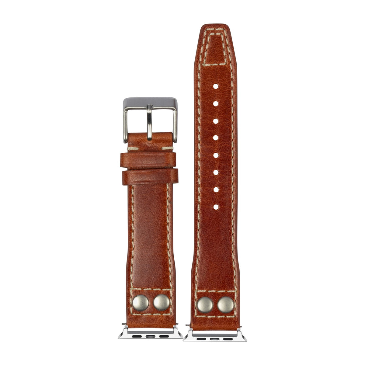 Pilot Leather Silver with Rivets - Brown with Connecters - Spring Bar Type for Apple Watch