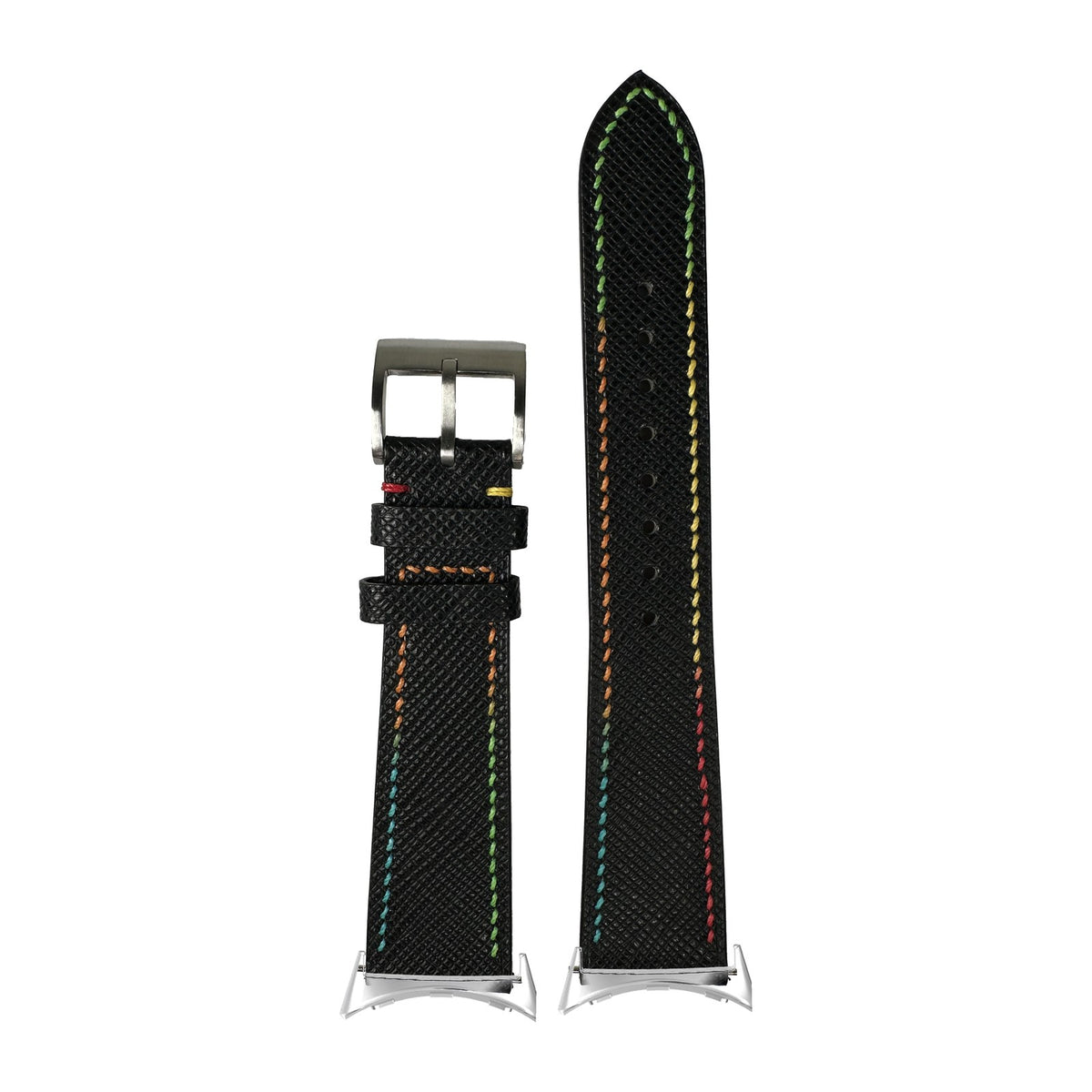 Chevre Saffiano - Black | Rainbow Stitching Silver with Google Pixel Spring Bar Adapters - Wear Any 20mm Strap! for Pixel Watch 3-5 45mm