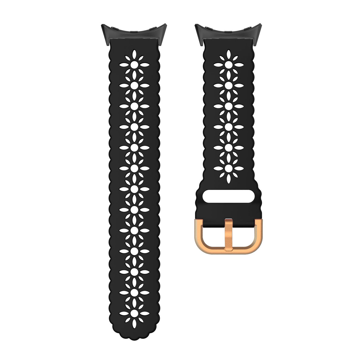 Floral Silicone [Rose Gold Hardware] Black Black with Google Pixel Spring Bar Adapters - Wear Any 20mm Strap! for Pixel Watch 3-5 45mm