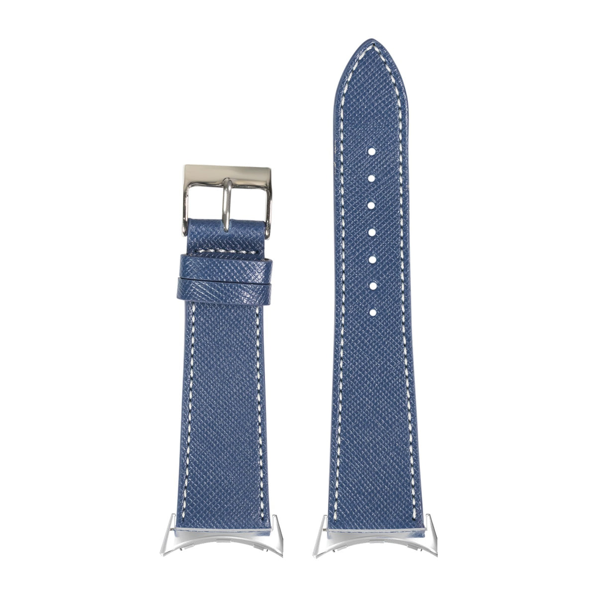Saffiano Leather - Blue Silver with White Stitching with Google Pixel Spring Bar Adapters - Wear Any 20mm Strap! for Pixel Watch 3-5 45mm