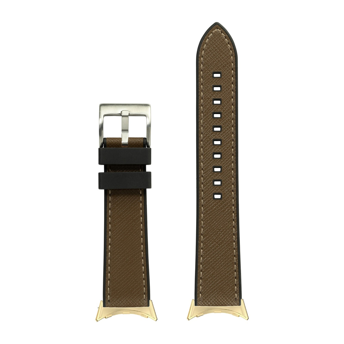 Saffiano Leather & FKM Rubber Hybrid Brown Gold with Google Pixel Spring Bar Adapters - Wear Any 20mm Strap! for Pixel Watch 1-5 41mm