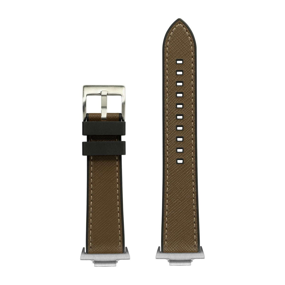 Saffiano Leather & FKM Rubber Hybrid Brown Silver with Strap Adapter for Tissot PRX 40
