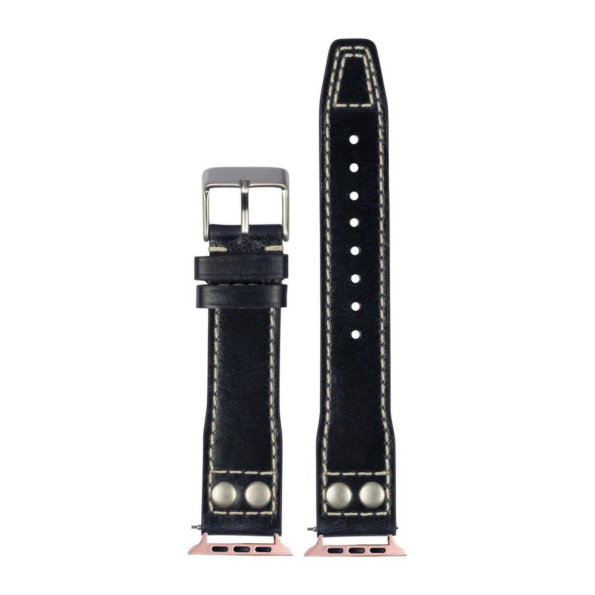 Pilot Leather Rose Gold with Rivets - Black with Connecters - Spring Bar Type for Apple Watch