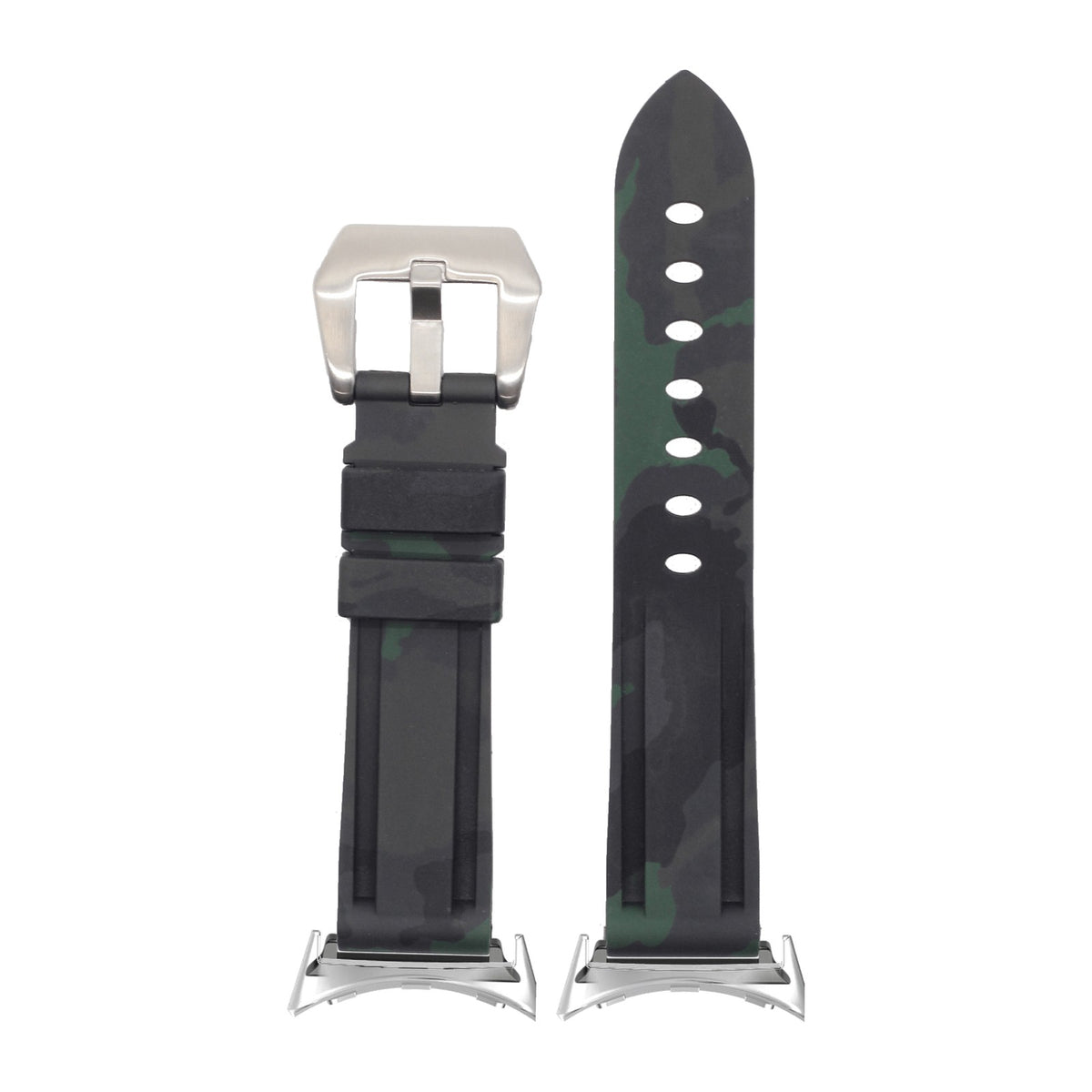 Camo Flexi Rubber - Army Green Silver with Google Pixel Spring Bar Adapters - Wear Any 20mm Strap! for Pixel Watch 3-5 45mm
