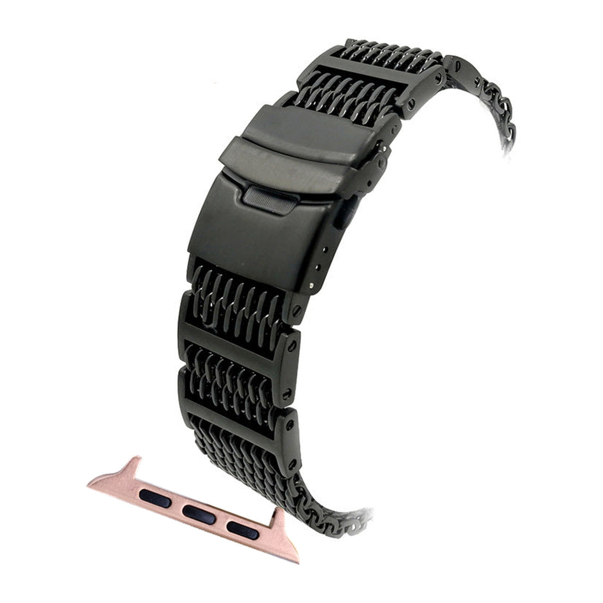 Shark Mesh Bracelet - Folding Deployant Clasp - Black Rose Gold with Connecters - Spring Bar Type for Apple Watch