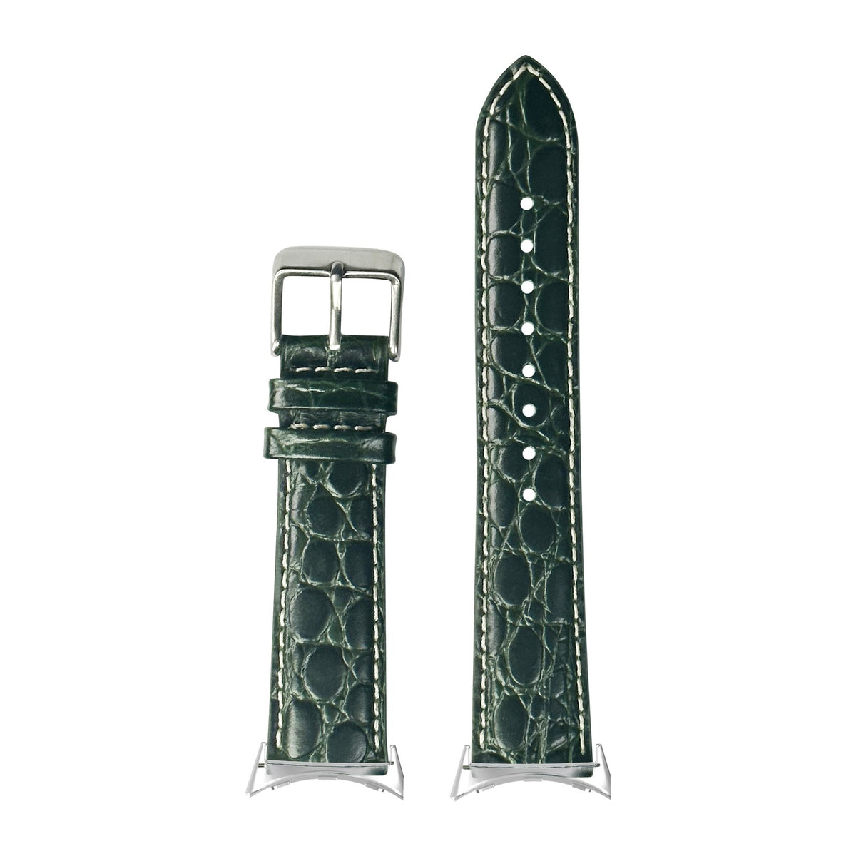Alligator Leather - Dark Green | White Stitching Silver with Google Pixel Spring Bar Adapters - Wear Any 20mm Strap! for Pixel Watch 3-5 45mm