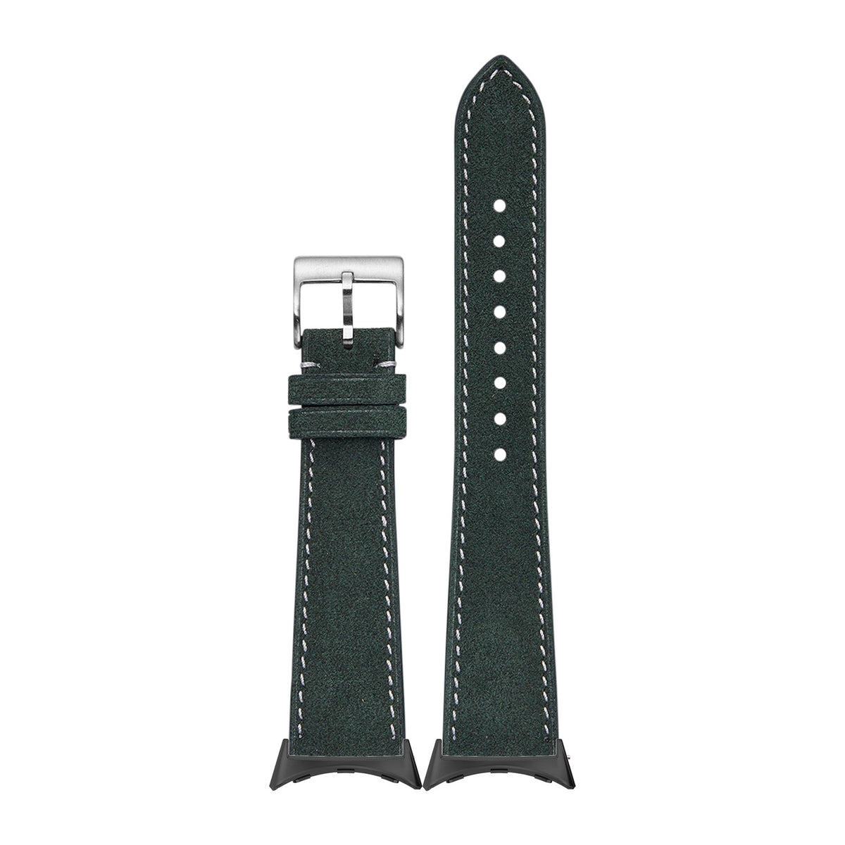 Alcantara Leather - Green | White Stitching Black with Google Pixel Spring Bar Adapters - Wear Any 20mm Strap! for Pixel Watch 3-5 45mm