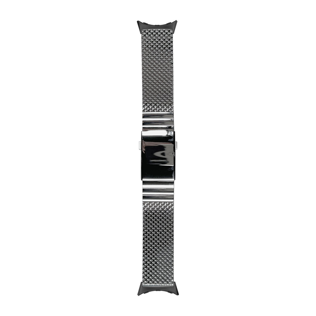 [Pixel Watch 3-5 45mm] Milanese Link with Button Clasp 2792 - Silver - Black with None adapters attached, flat lay