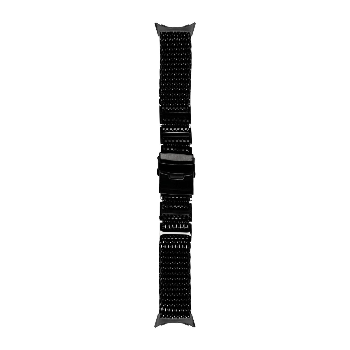 [Pixel Watch 1-5 41mm] Shark Mesh Bracelet - Folding Deployant Clasp - Black - Black with None adapters attached, flat lay